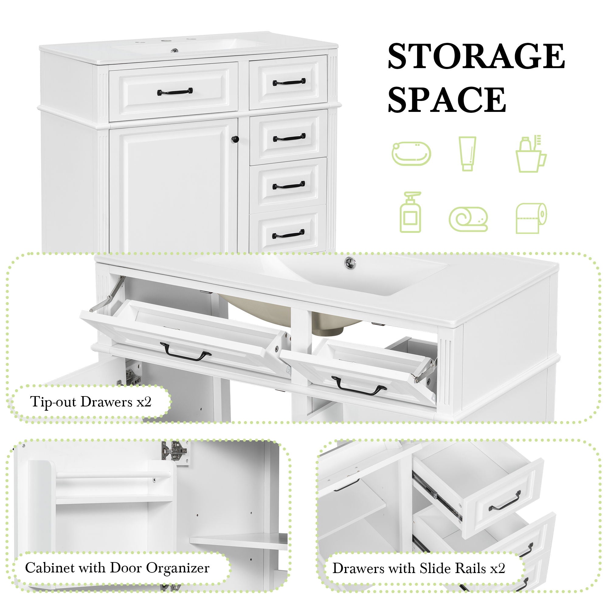 Modern Bathroom Vanity With Sink Top, Flip Drawer Design