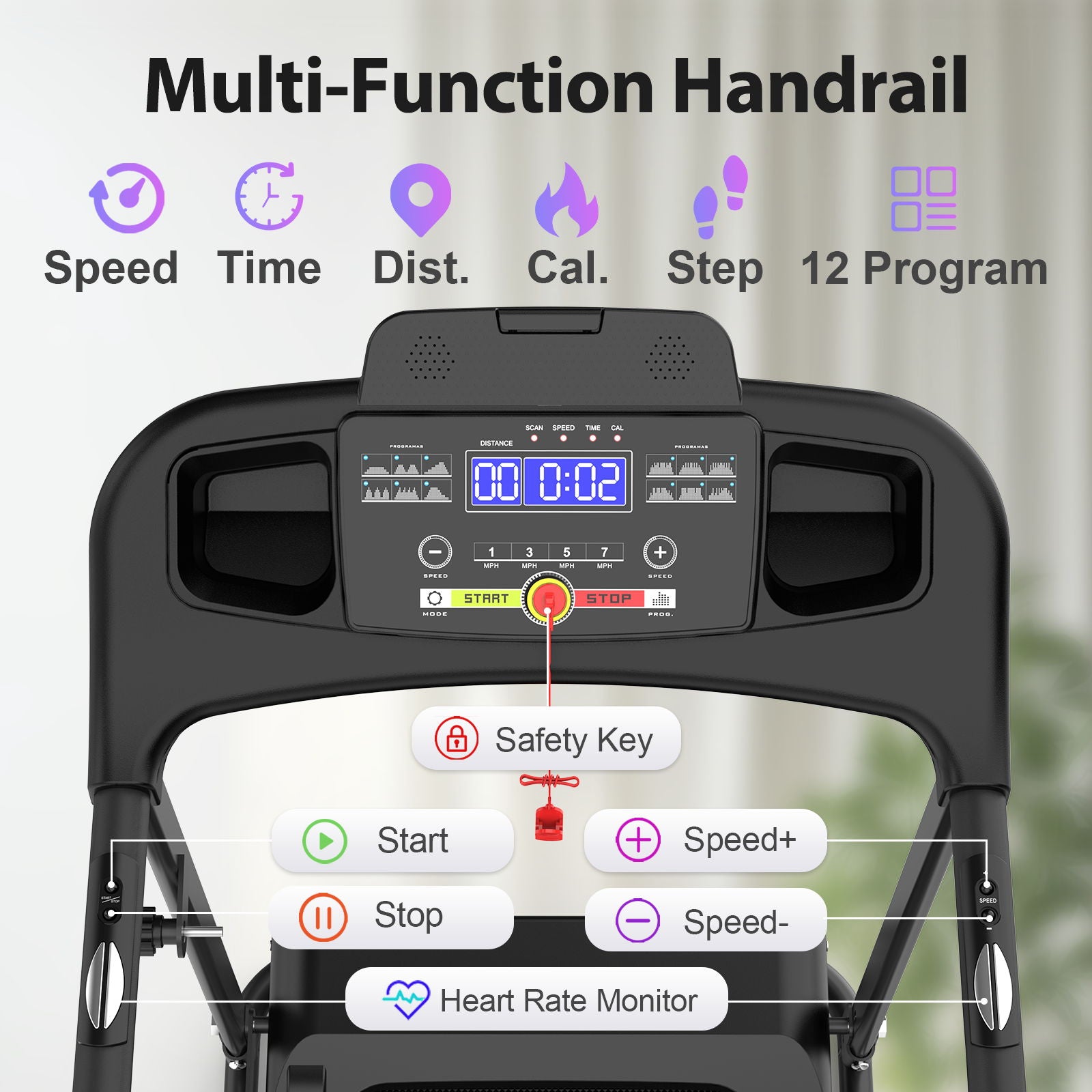 Foldable Electric Treadmill With 2.5Hp Motor, 12Km / H Speed, 3 Incline Levelstooth Music, Heart Rate Sensor, Spacious Running Belt For Indoor - Black