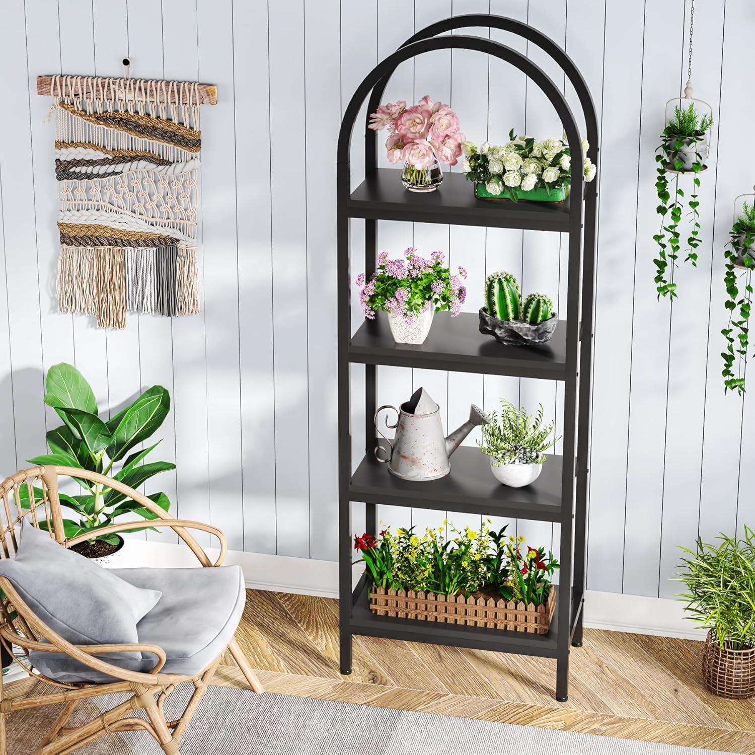 Industrial 4 Tier Open Bookshelf With Curved Top