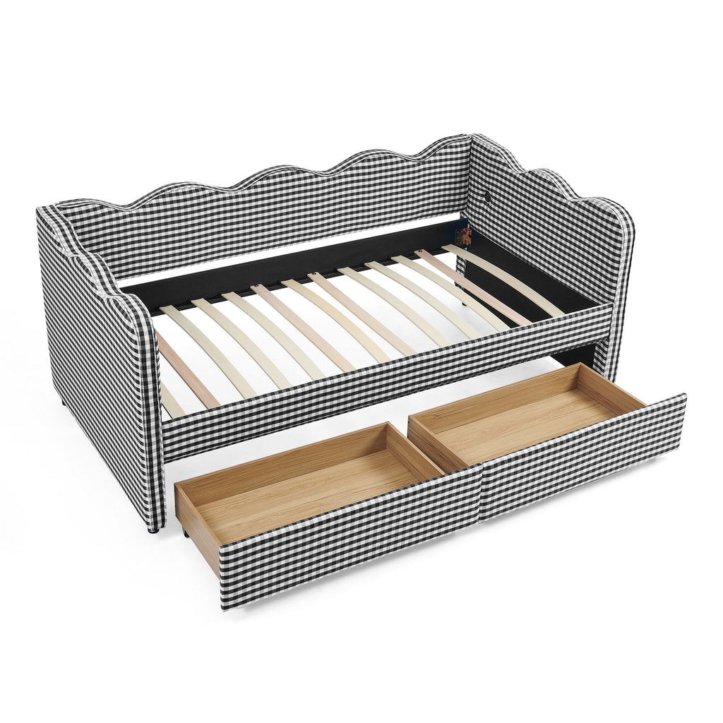 Gingham Daybed With USB Charging Port, Wave-Shaped Design