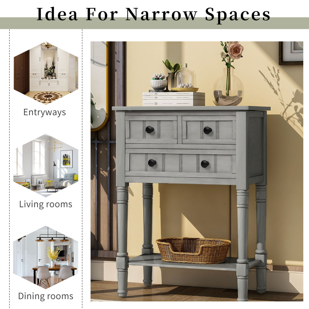 Narrow Console Table, Slim Sofa Table With Three Storage Drawers And Bottom Shelf