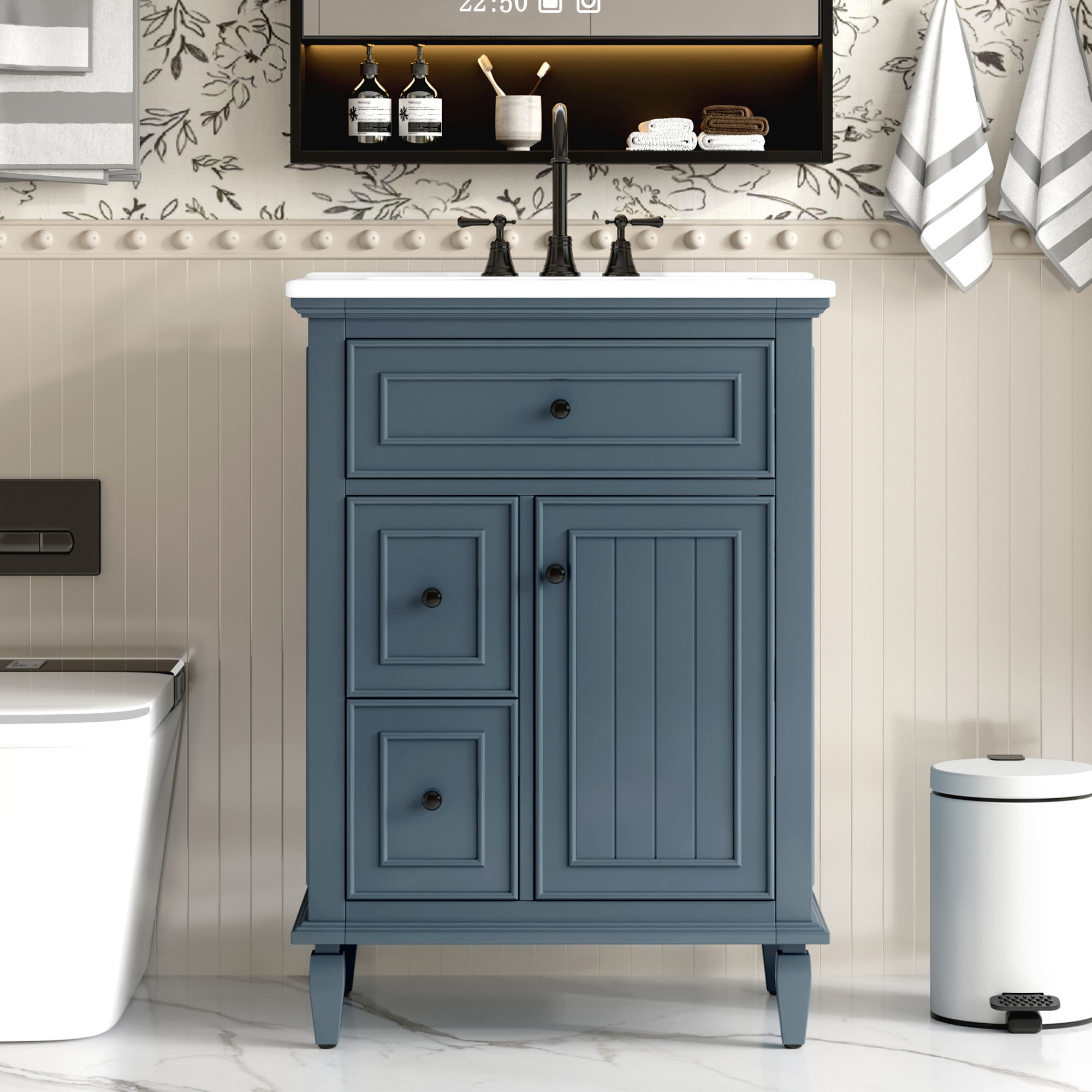Modern Bathroom Vanity With Sink, Adjustable Shelf, 1 Flip Drawer & 2 Drawers
