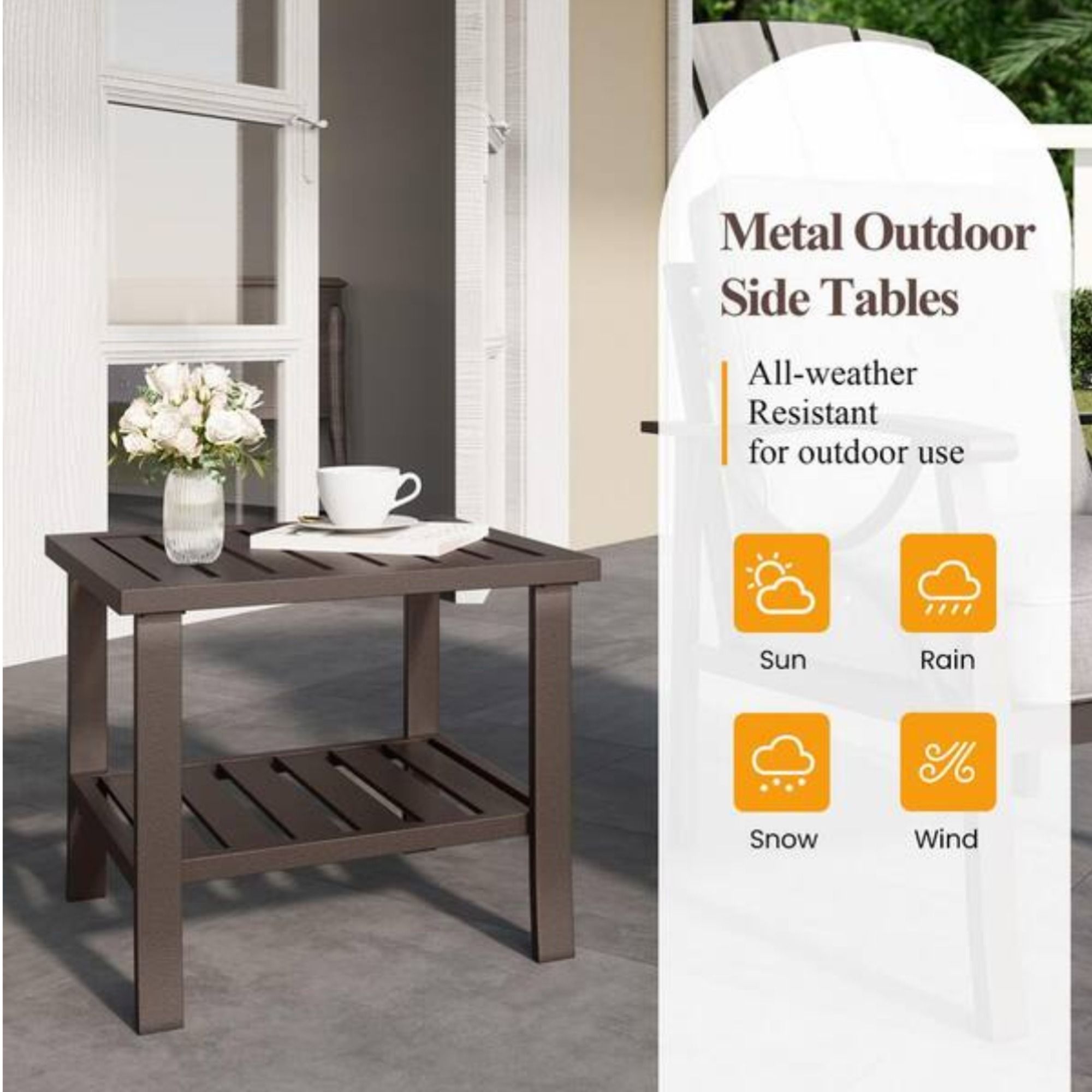 Square 2 Tier All-Weather Outdoor Side Table With Slatted Top