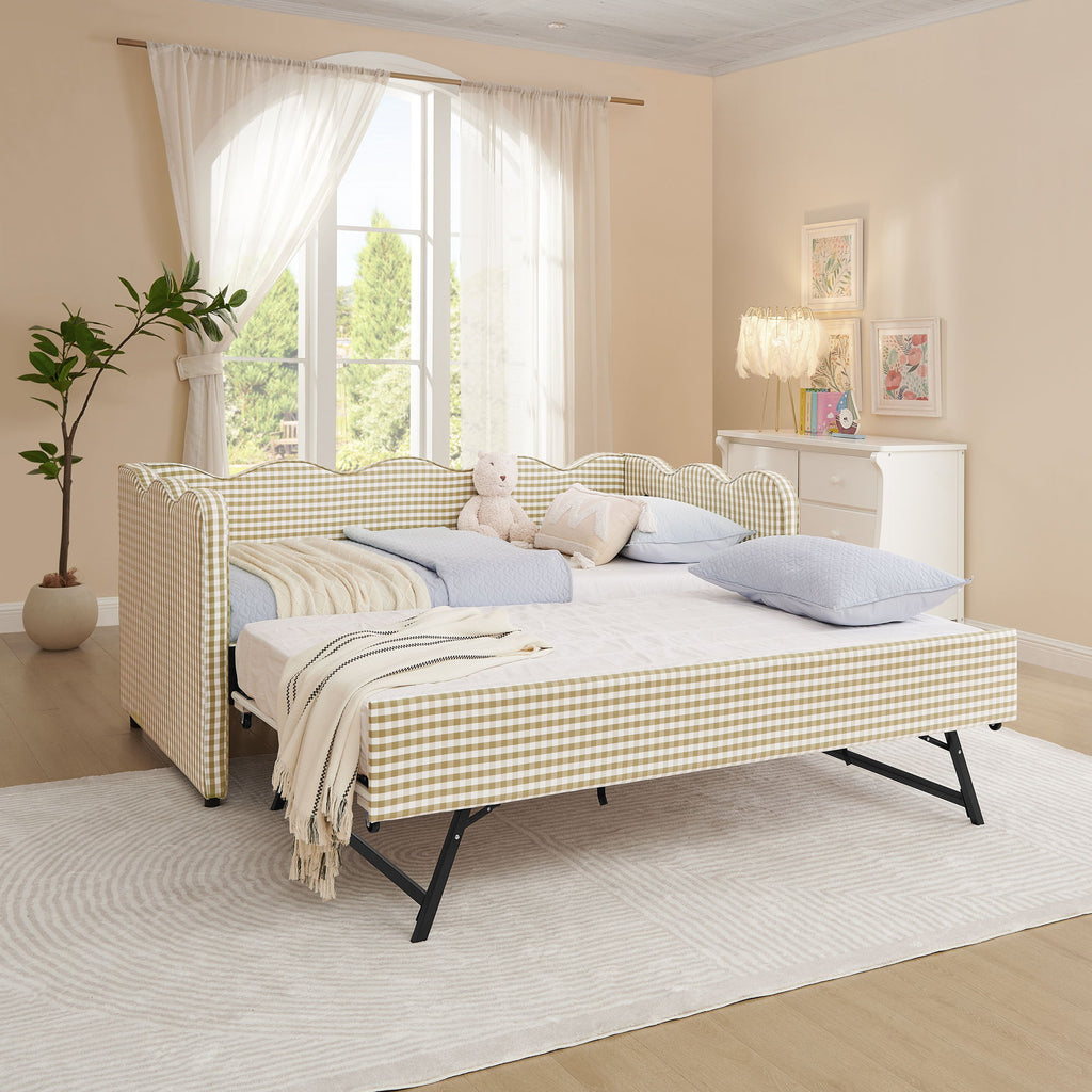 Gingham Daybed With USB Charging Port, Wave-Shaped Design