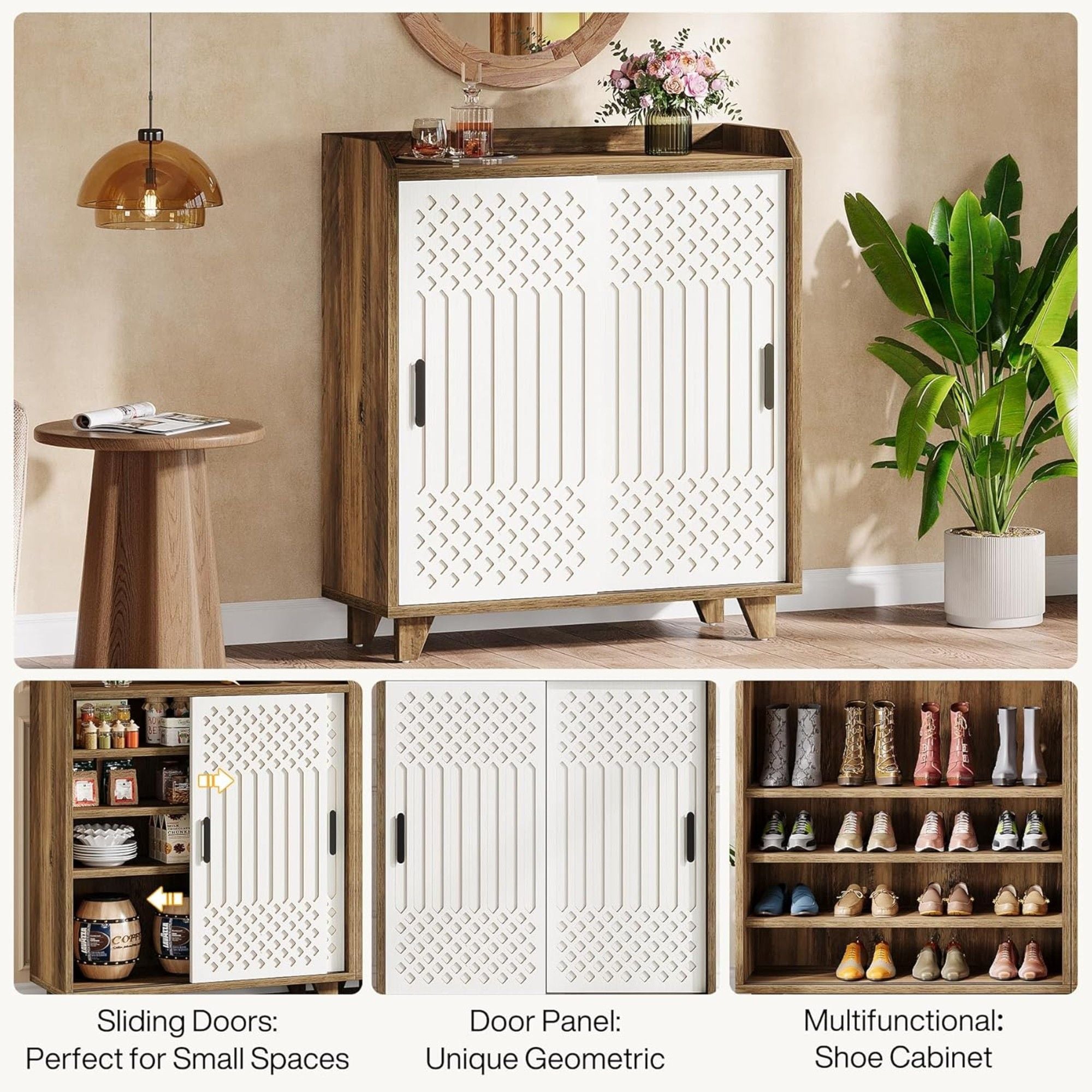 Sliding Door Sideboard Buffet Cabinet With Storage For Dining Room - Brown / White