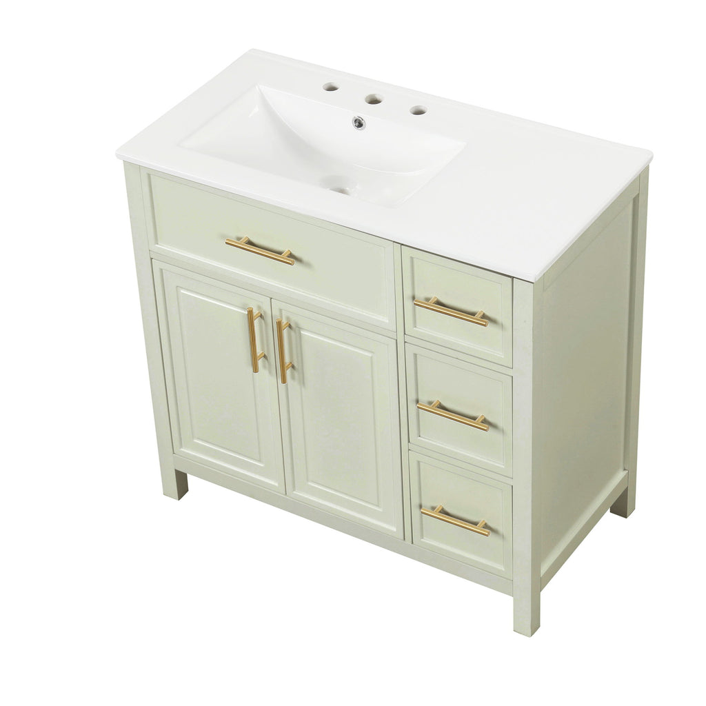 36" Bathroom Vanity With Sink, 2 Doors, 3 Drawers, Rectangular - White