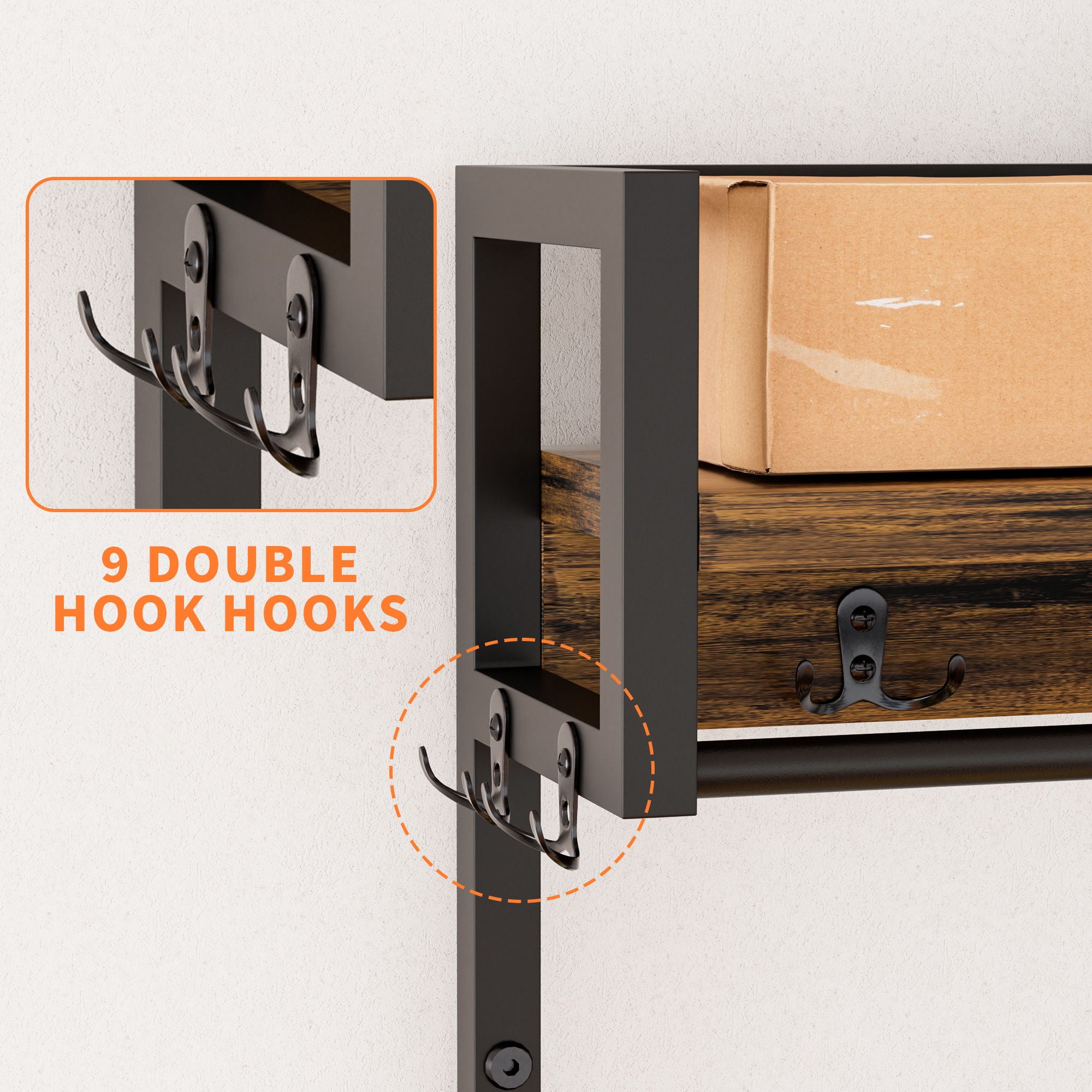 Hall Tree With 2 Movable Drawers, Shoe Storage, Shelves, Garment Racks, And 23 Hooks For Entryway - Rustic Brown