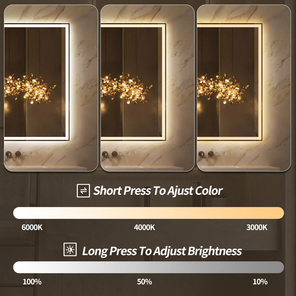 LED Bathroom Vanity Wall Mirror With Straight Edge Design, Frosted Glass Finish, Anti Fog, Dimmable 3 Color Lighting - Silver