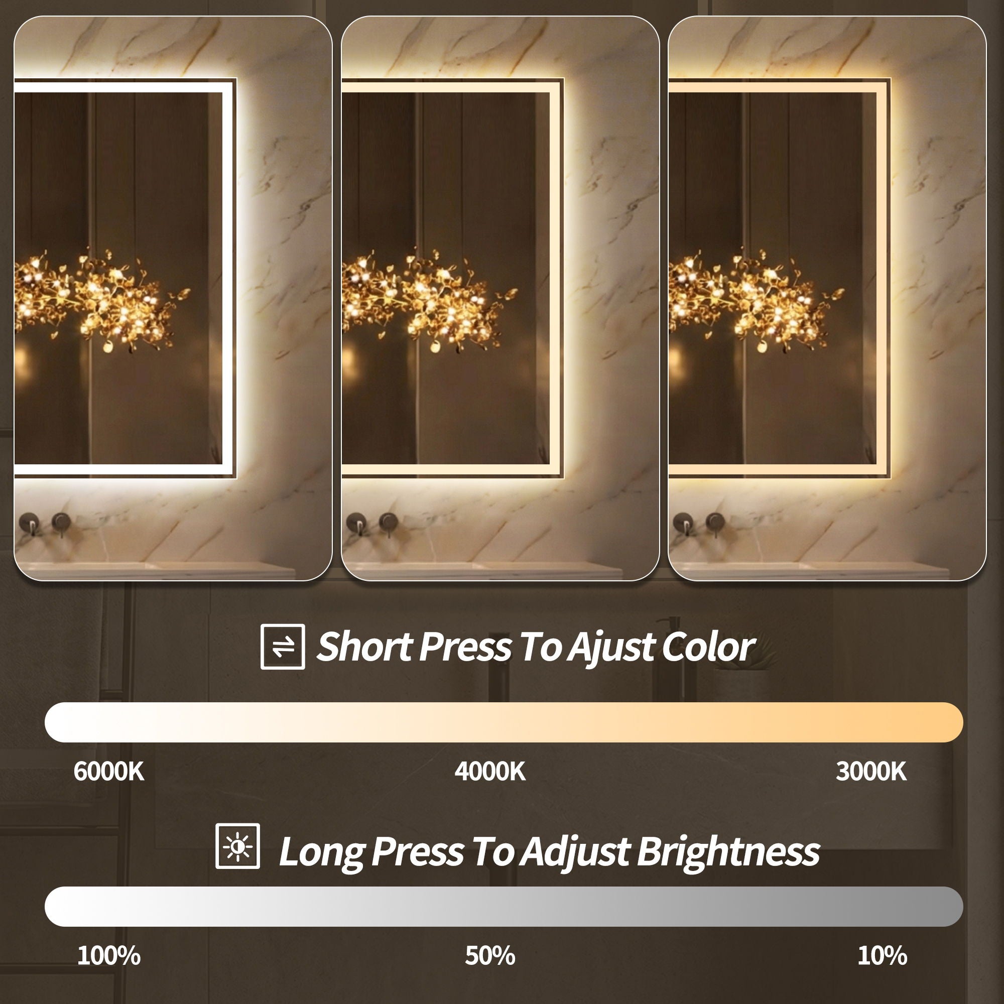 LED Bathroom Vanity Wall Mirror With Straight Edge Design, Frosted Glass Finish, Anti Fog, Dimmable 3 Color Lighting - Silver
