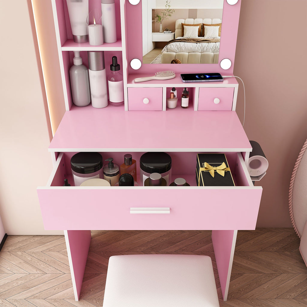 Vanity Table With Mirror, Adjustable LED Lights, Power Outlet, Hairdryer Holder & Stool