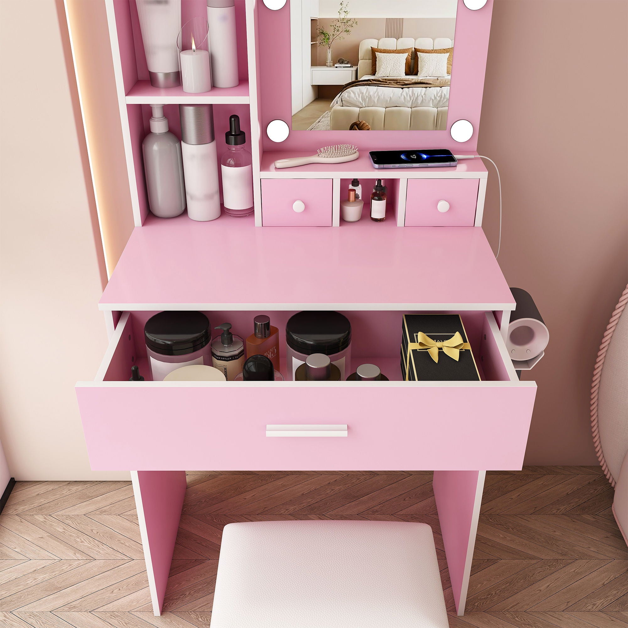 Vanity Table With Mirror, Adjustable LED Lights, Power Outlet, Hairdryer Holder & Stool