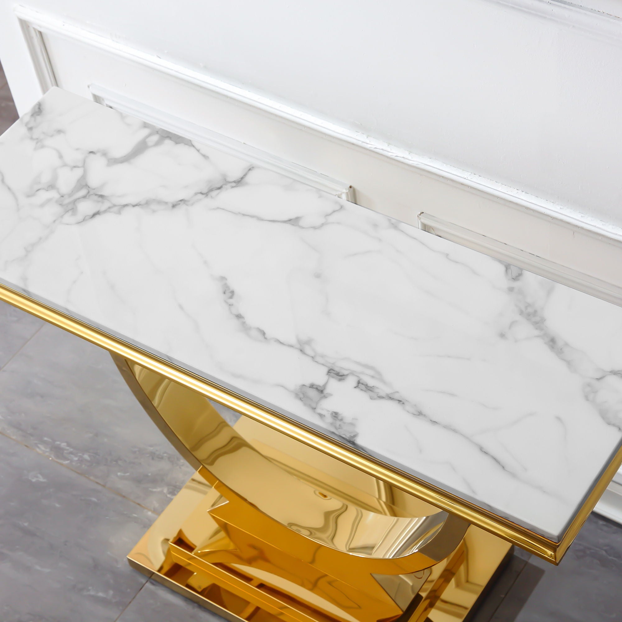 Modern Rectangular Marble Printing Console Table, U Shape Stainless Steel Base With Mirrored Finish