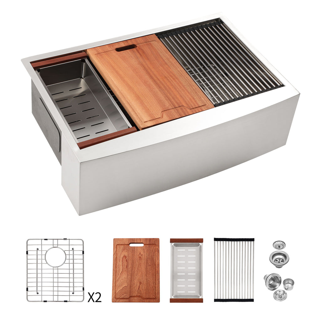 Farmhouse Double Bowl Workstation Kitchen Sink 33" Stainless Steel 16 Gauge Apron Front, Finish - White