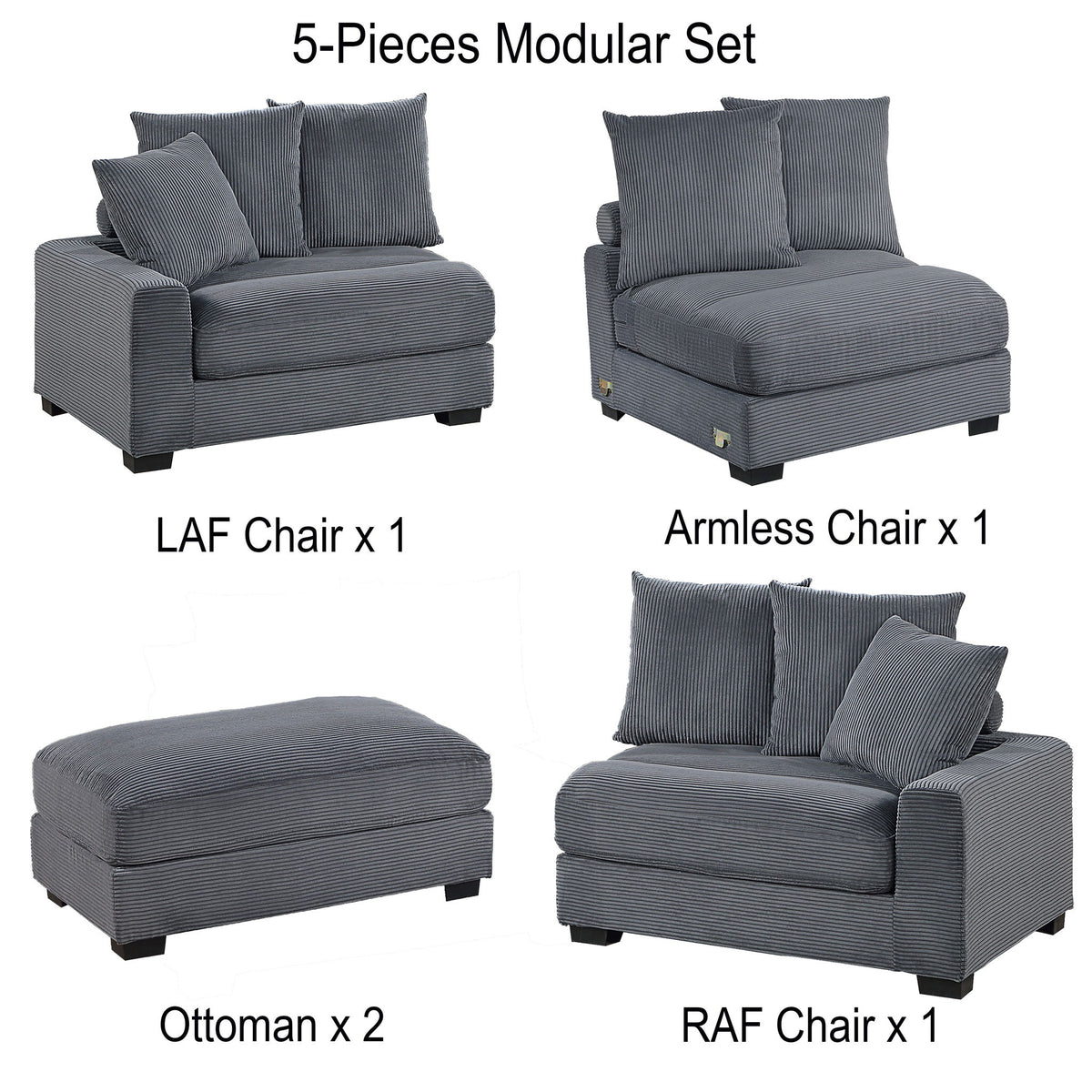 5 Piece Modular Sectional Set Couch With LAF & RAF Chairs, Living Room Furniture - Dark Gray