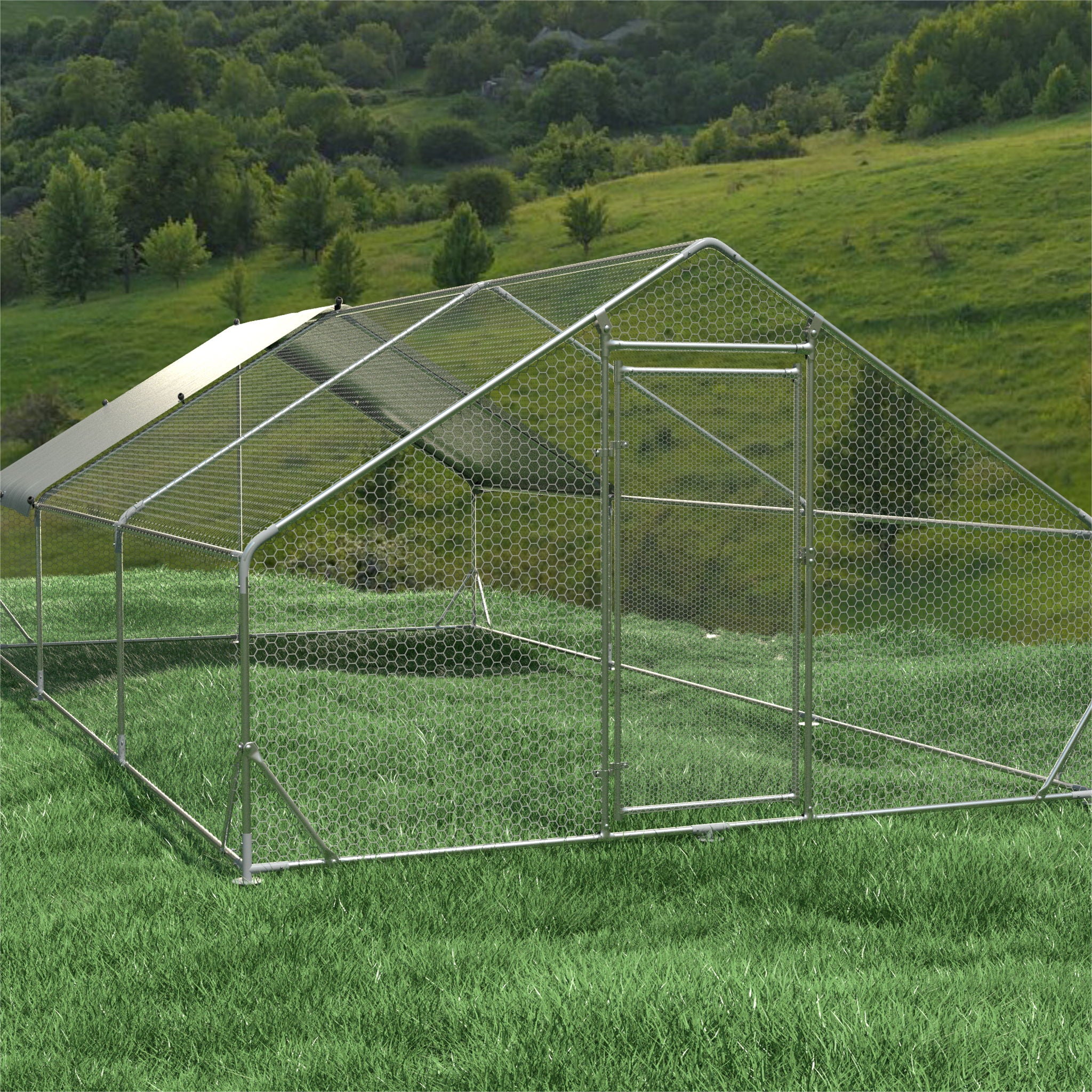 Large Metal Chicken Coop, Walk In Poultry Cage Hen Run House Rabbits Habitat Cage Spire Shaped Coop With Waterproof And Anti Ultraviolet Cover