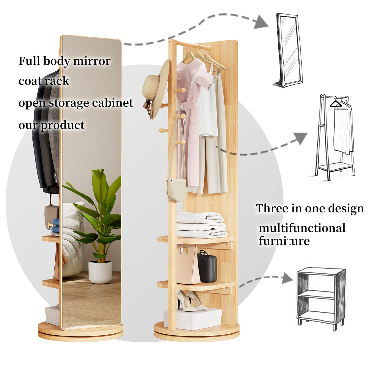 3 In 1 Multifunctional Full Length Clothing Mirror
