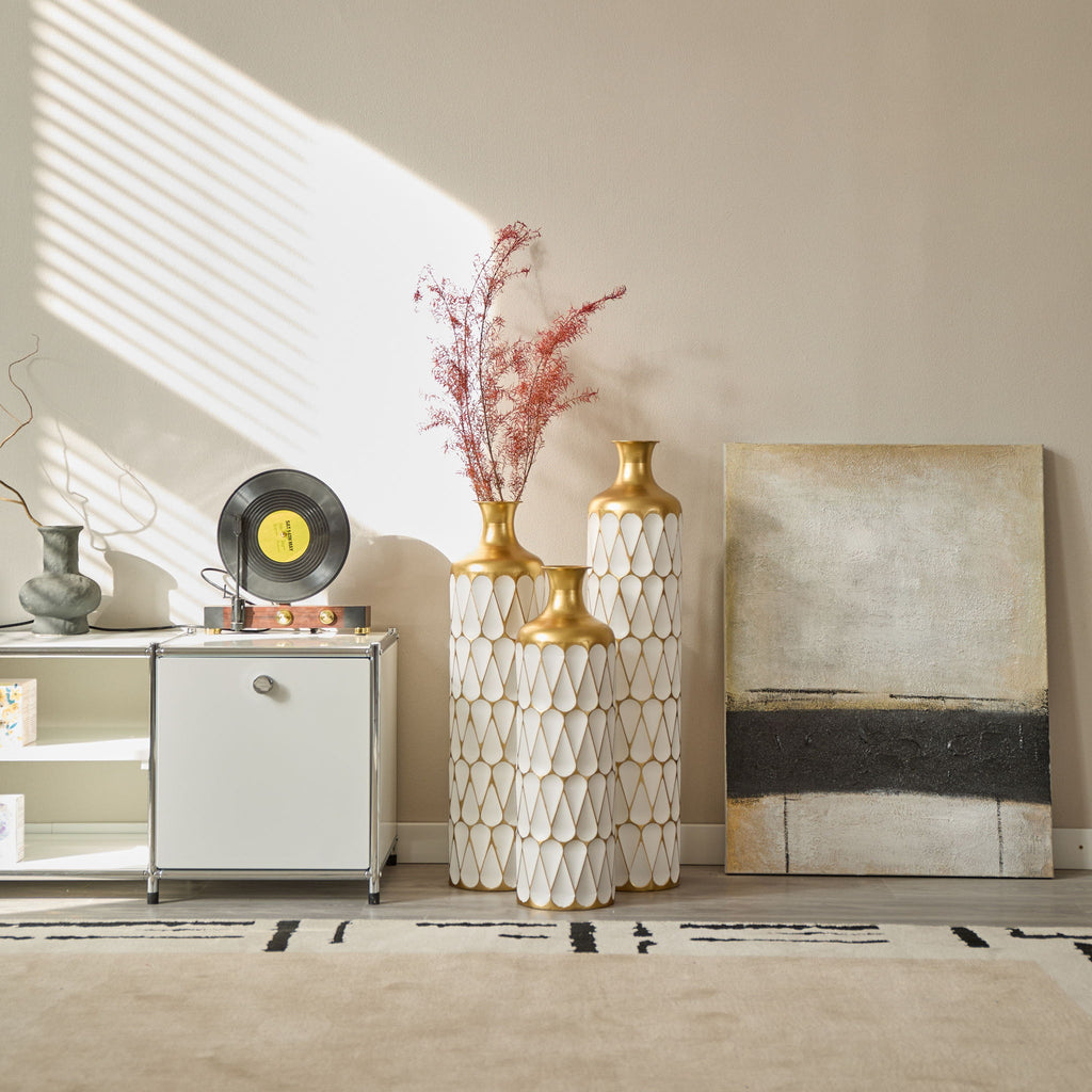 Floor Metal Vase Modern Style Decoration Home Droplet Shaped Metal Vase 3 Piece Set Gorgeous Home Decoration Large Glazed Metal Vase - Gold / White
