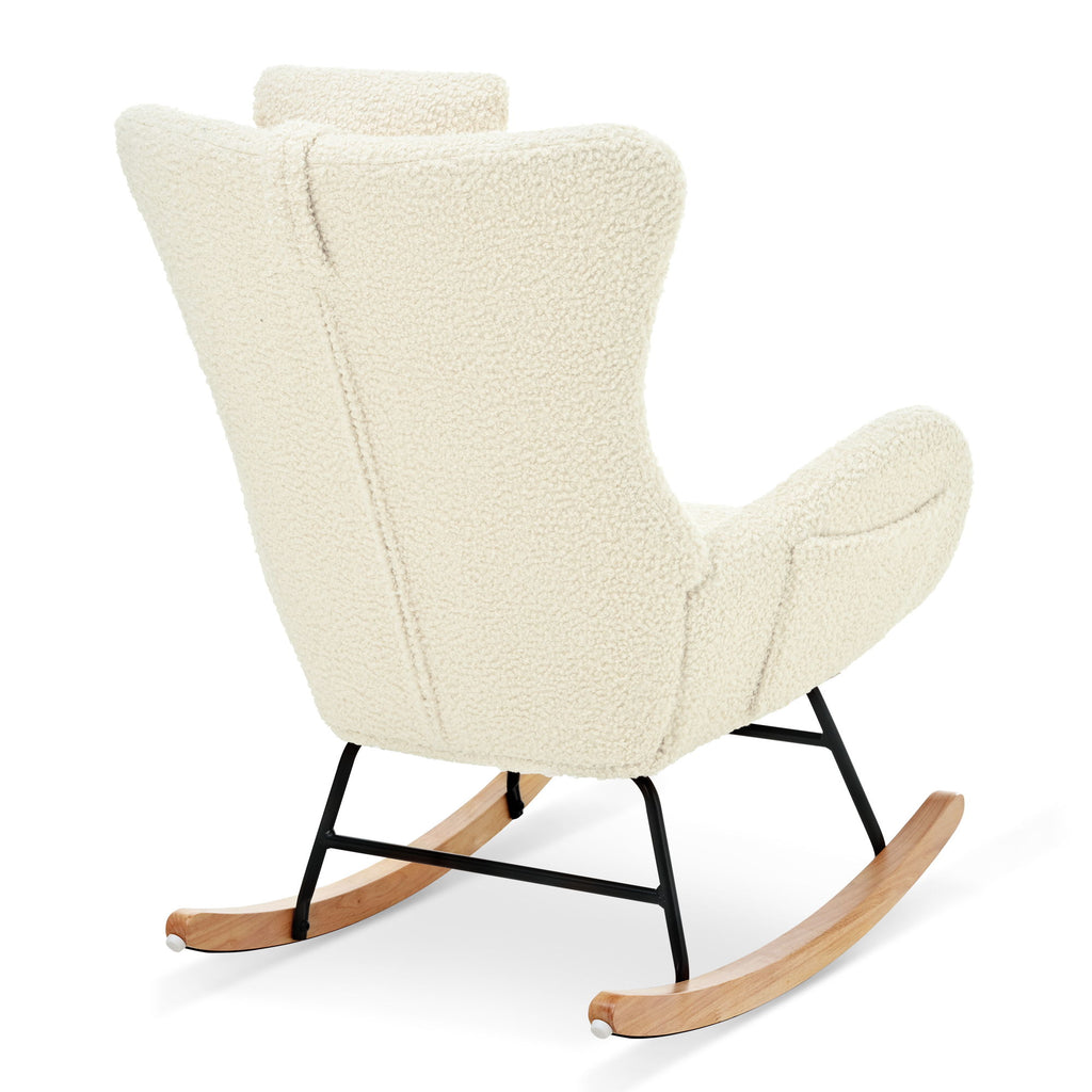 Rocking Chair Nursery, Teddy Upholstered Rocker Glider Chair With High Backrest, Adjustable Headrest & Pocket, Comfy Glider Chair For Nursery, Bedroom, Living Room, Offices, Rubber Wood