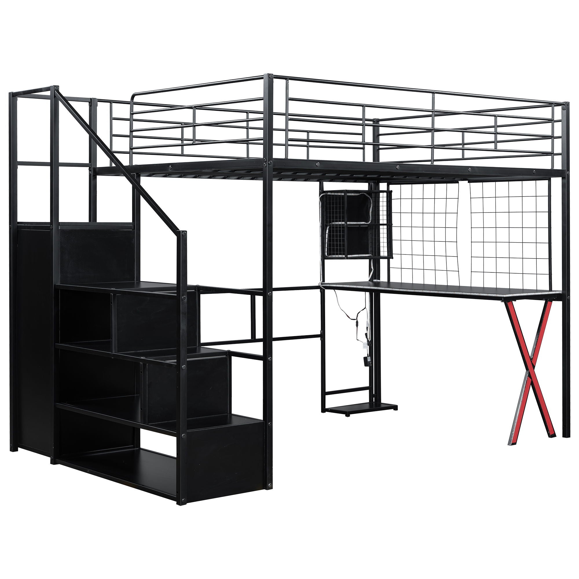 Loft Bed With Built In Work Station, Wardrobe, Storage Staircase And LED