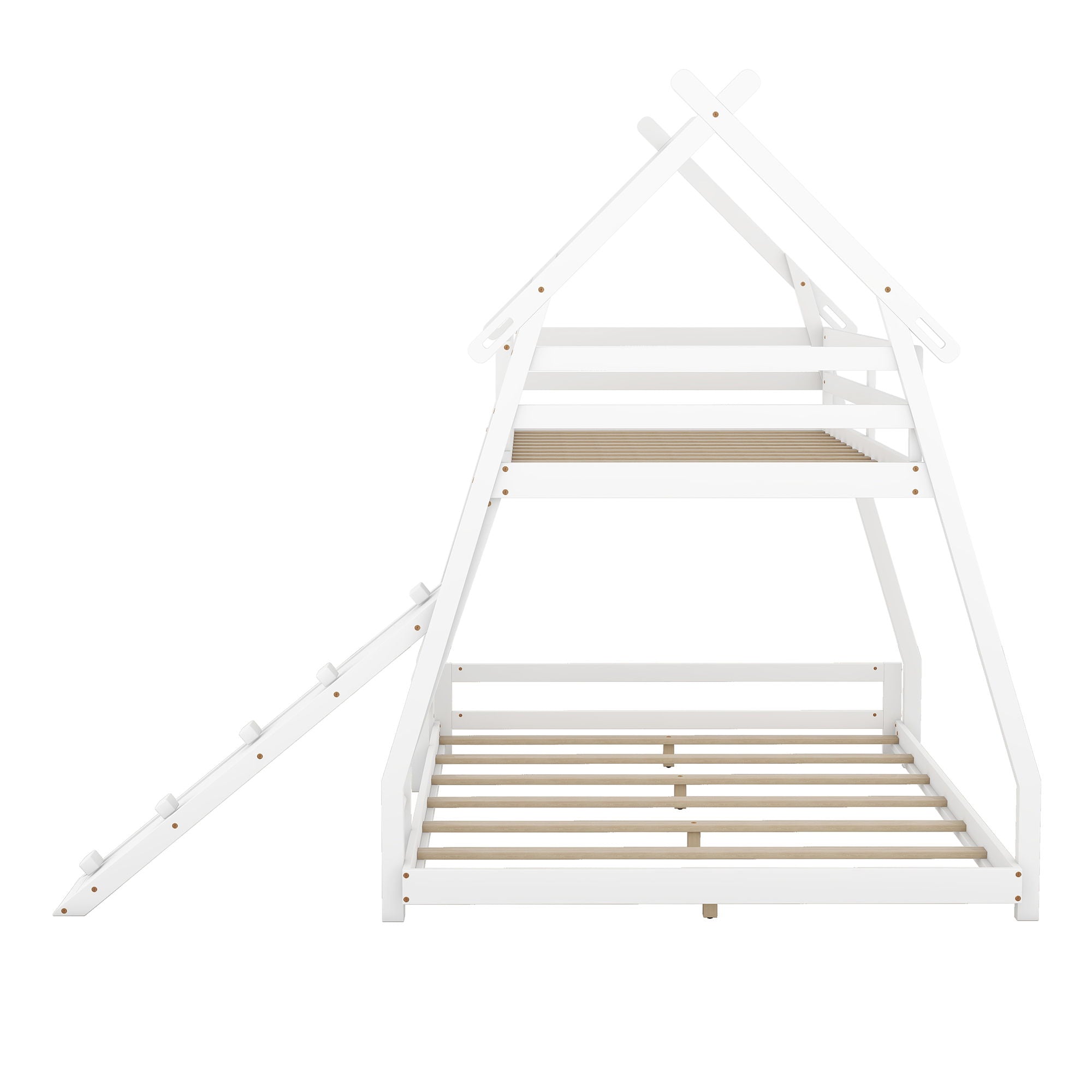 Twin Over Queen House Bunk Bed With Climbing Nets And Ramp - White