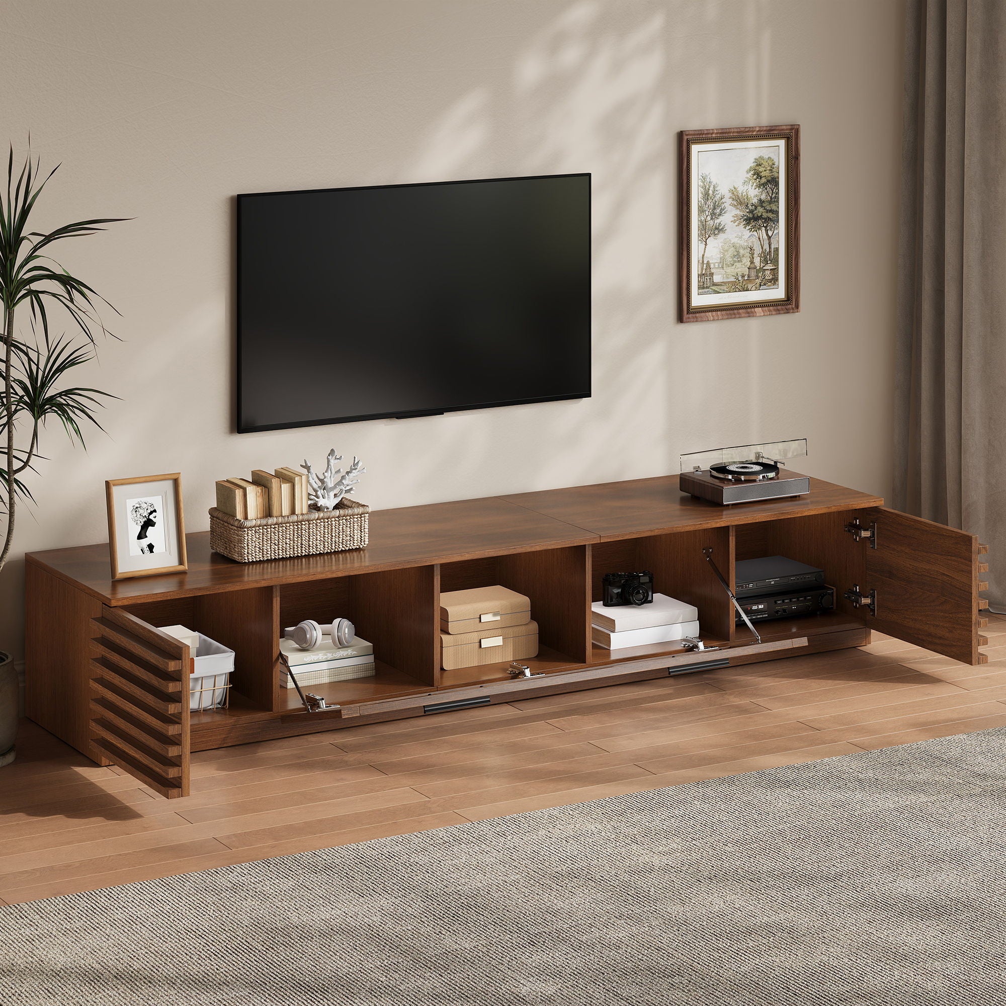 TV Stand With LED Lighting, Soft Closing Hinges, Cable Management - Walnut