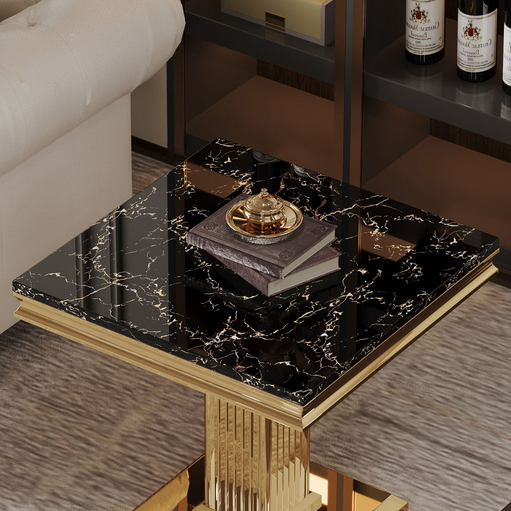 Marble Printed Rectangular End Table With Stainless Steel Legs - Gold / Black
