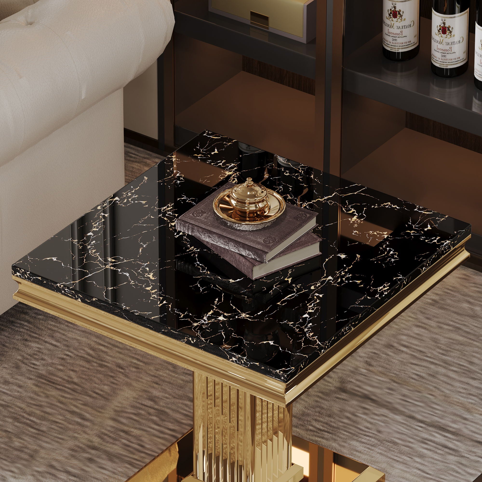 Marble Printed Rectangular End Table With Stainless Steel Legs - Gold / Black