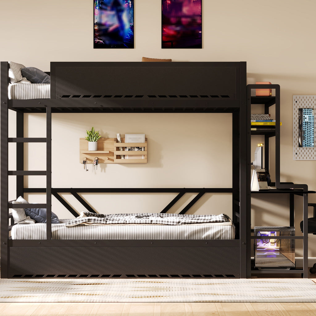 Full Gaming Bunk Bed With Desk, Two Storage Shelves And LED Light - Black