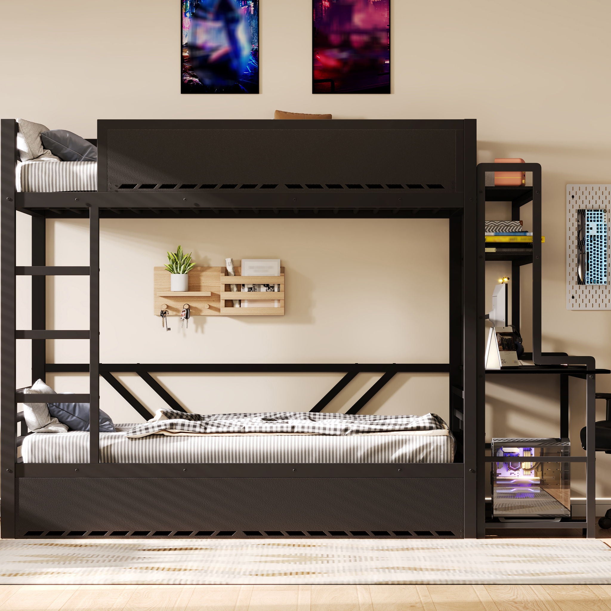 Full Gaming Bunk Bed With Desk, Two Storage Shelves And LED Light - Black