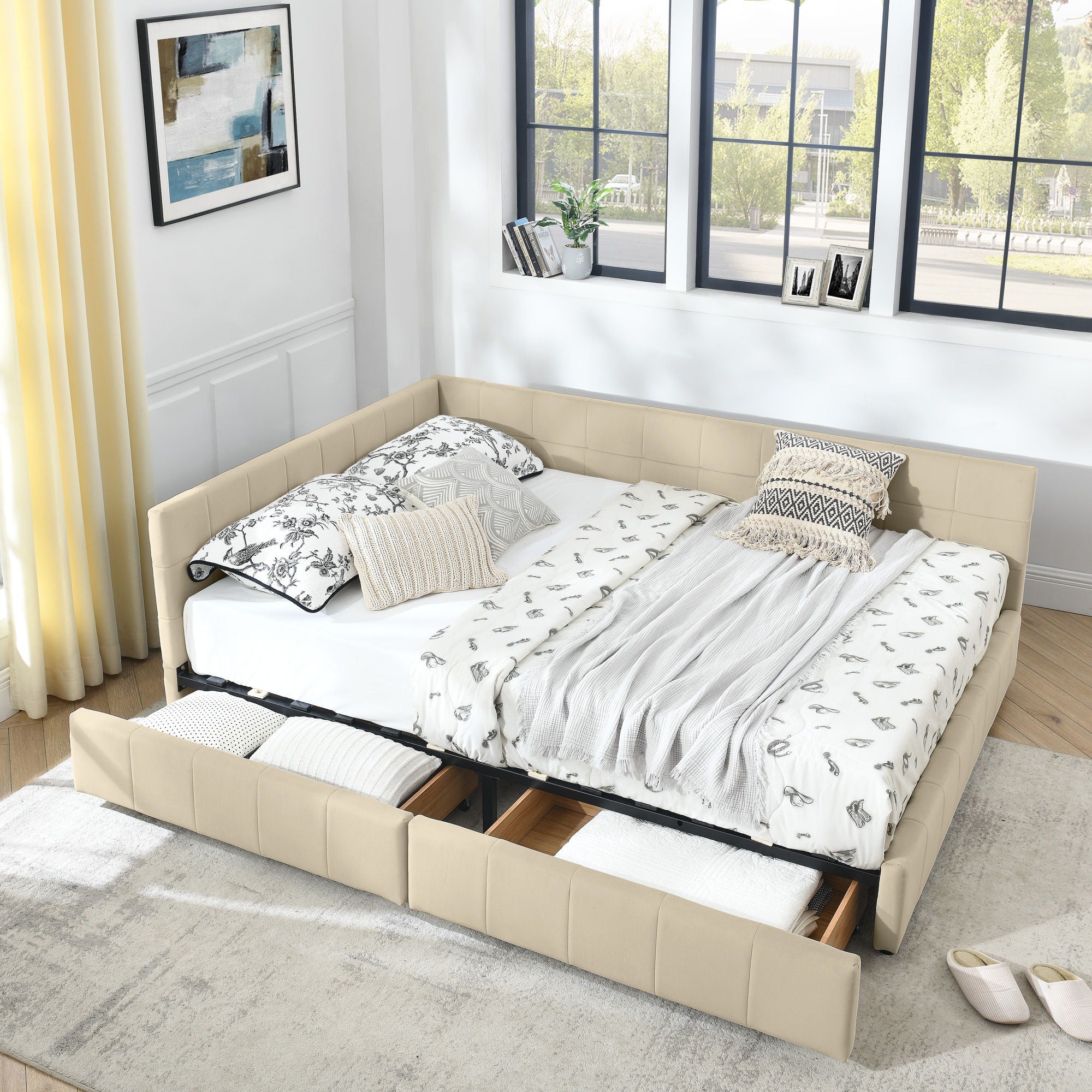 Upholstered Storage Tufted Bed Frame With Backrest And Armrests