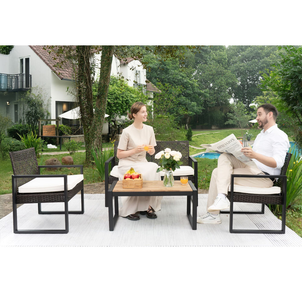 4 Piece Patio Furniture Set With Acacia Wood Table Top And Cushions