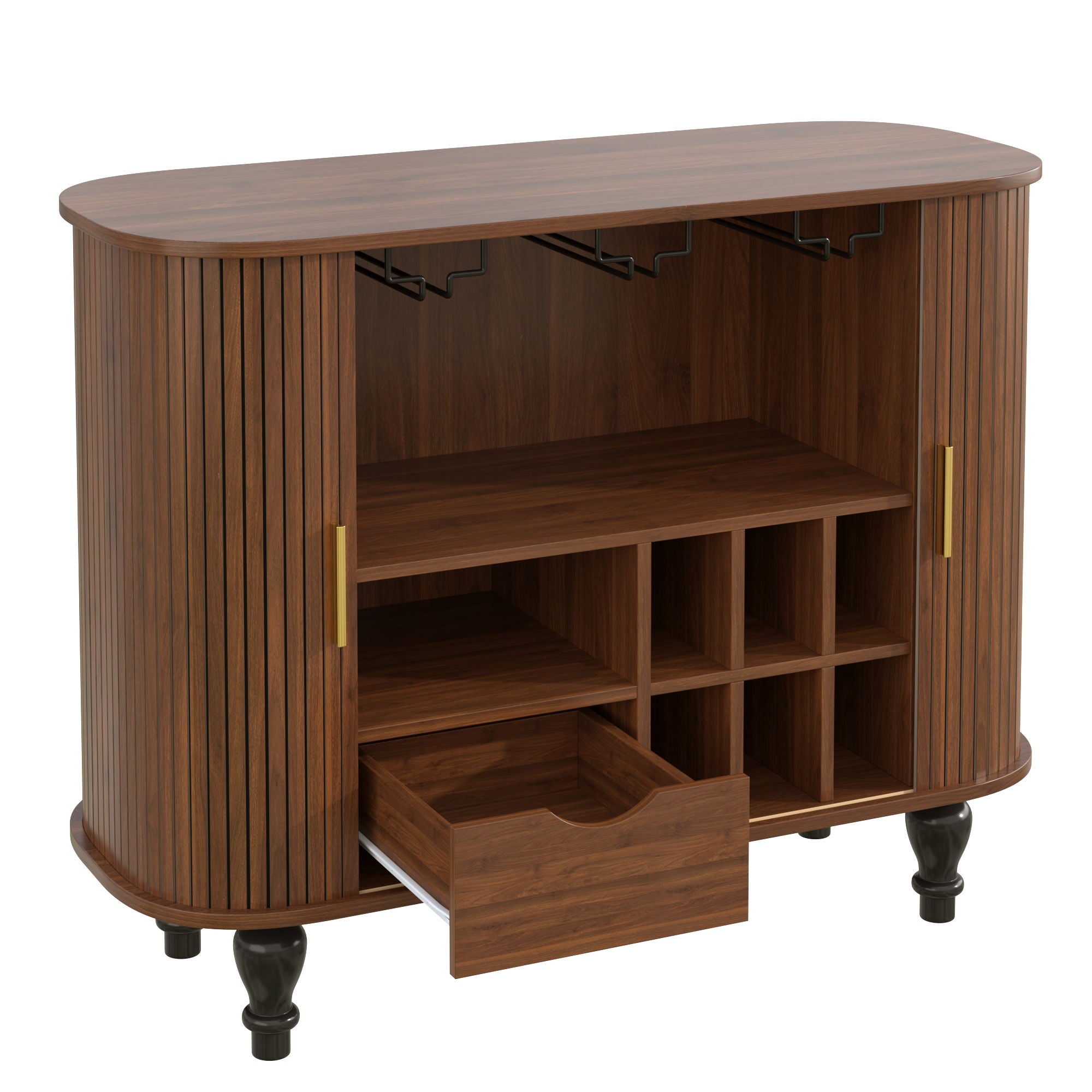 Fluted Liquor & Coffee Bar Cabinet With 6 Wine Racks And 3 Glass Holders