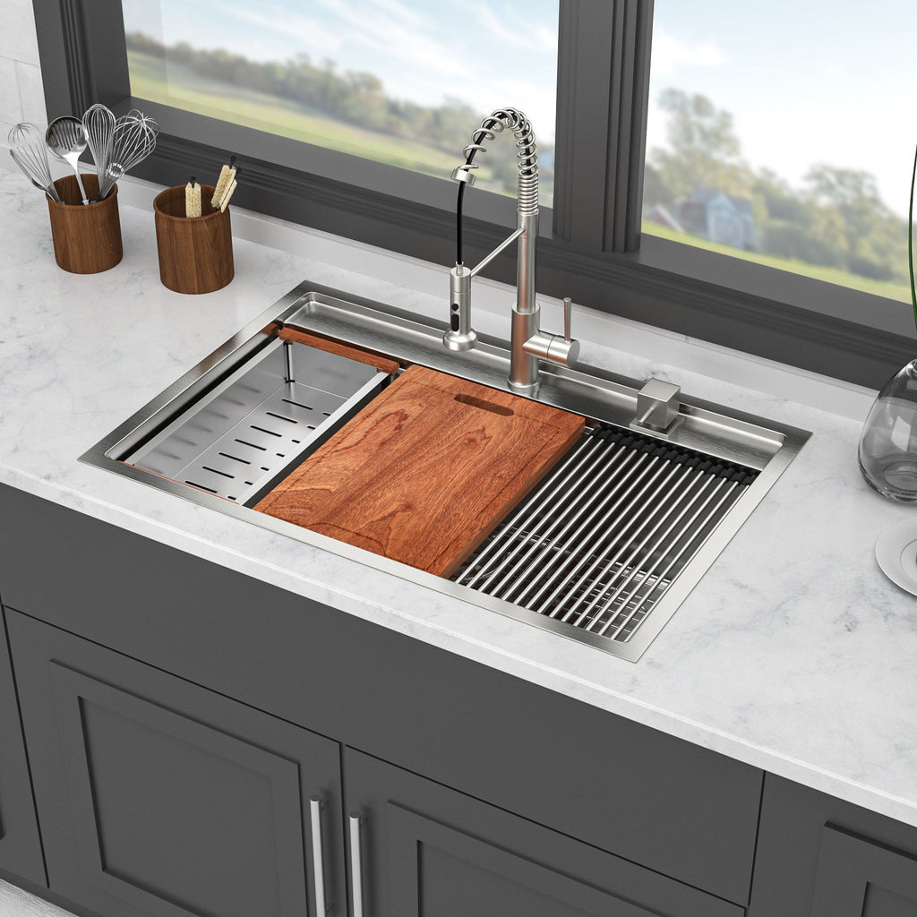 33" Drop In Kitchen Sink With Workstation, 16 Gauge Stainless Steel - Brushed Nickel