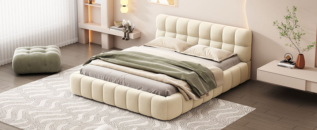 Upholstered Platform Bed With Thick, Grounded Bed With Solid Frame