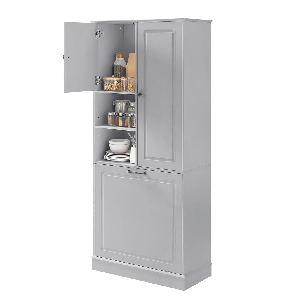 Modern Tall Storage Cabinet With Adjustable Shelves, Flip-Out Basket & Enclosed Doors