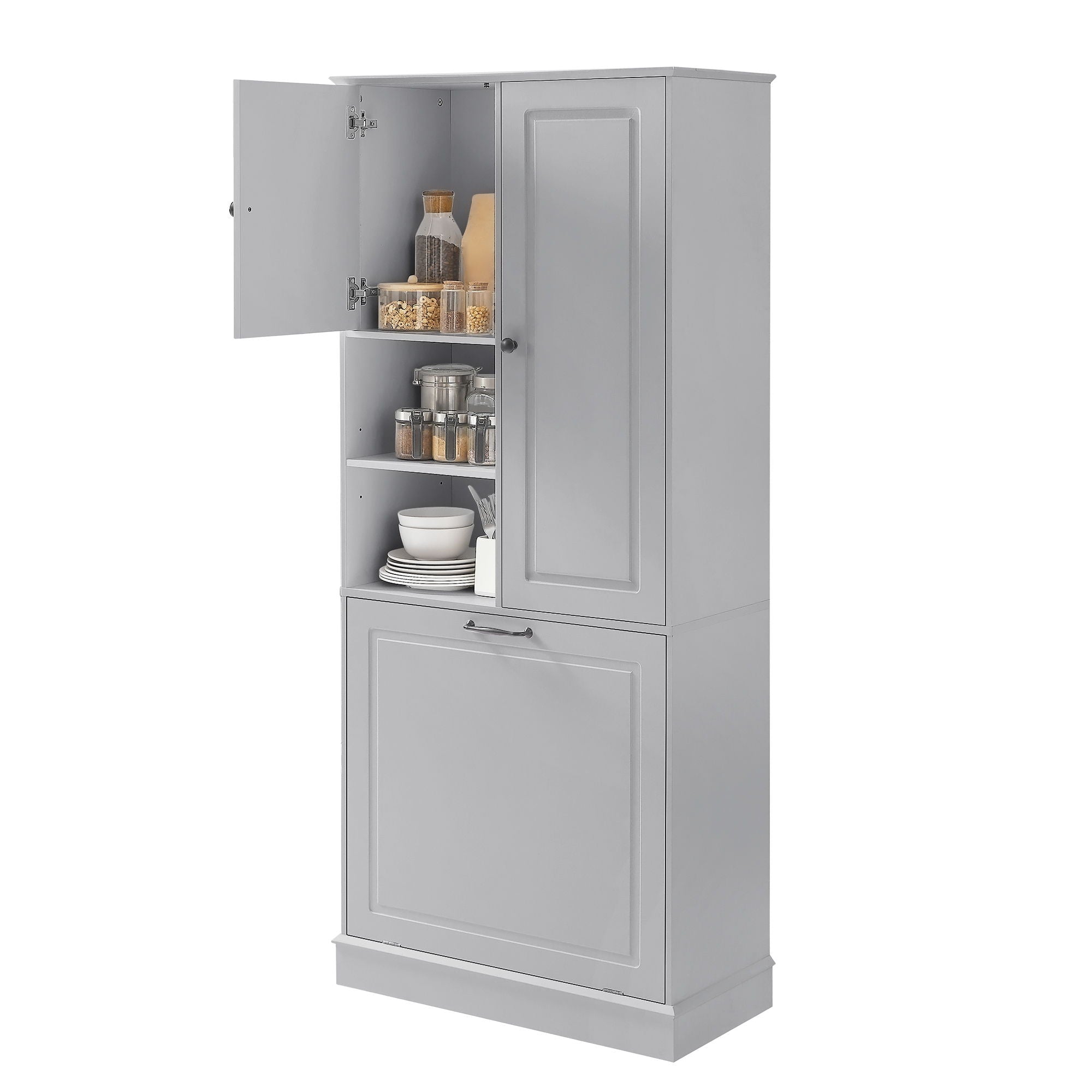 Modern Tall Storage Cabinet With Adjustable Shelves, Flip-Out Basket & Enclosed Doors