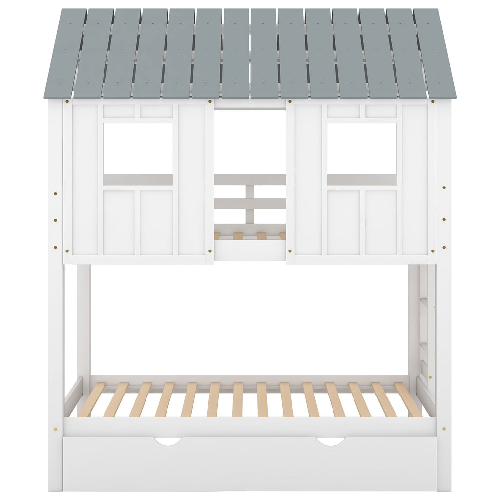 Twin Size House Bunk Bed With Trundle, Roof And Windows - White / Gray