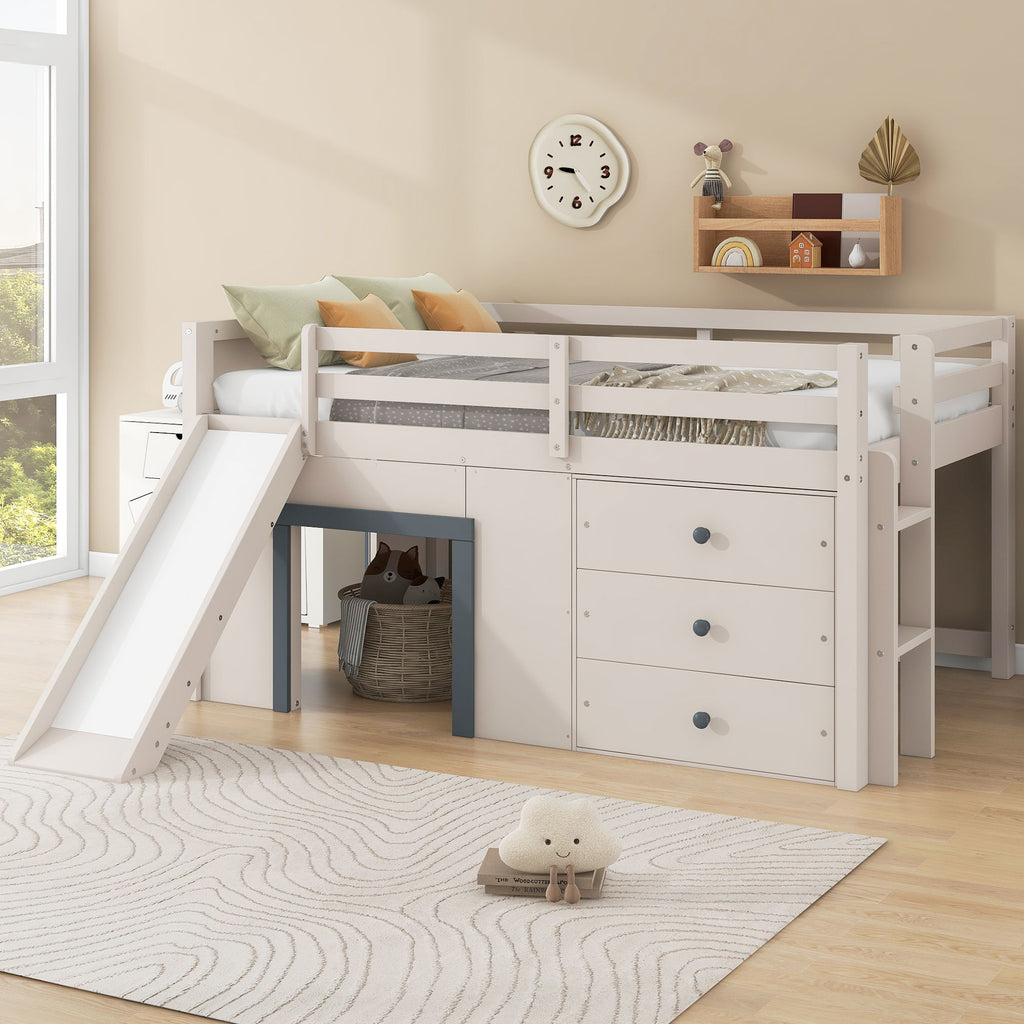 Modern Low Loft Bed With Slide, 3 Storage Drawers, And 2 Doors