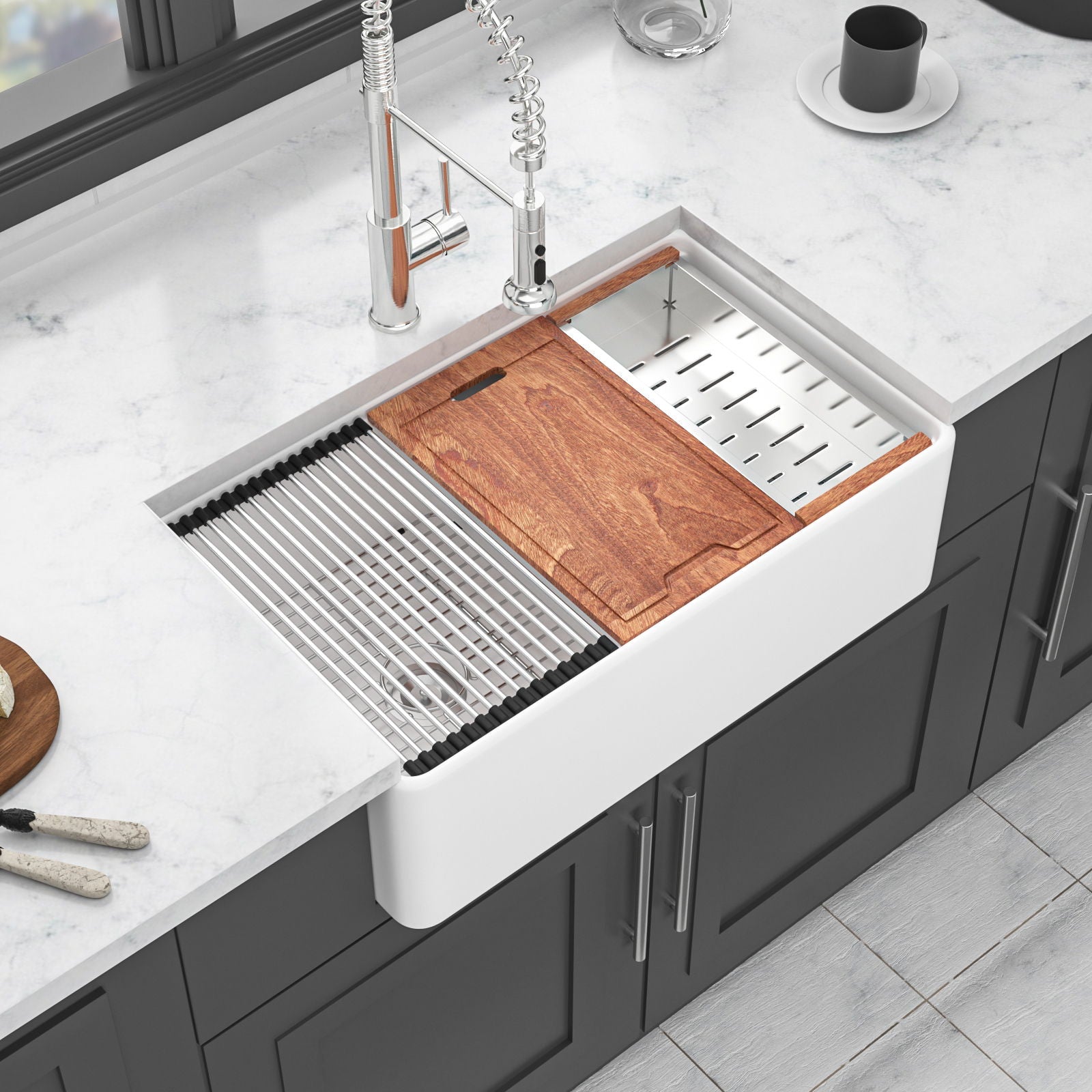 Double Bowl Sink Workstation 33" With Built In Work Surface And Accessories - White