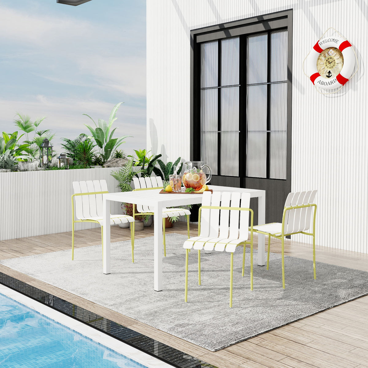 4 Piece Set Of Modern Color Block Designed Single Chairs With Long Table