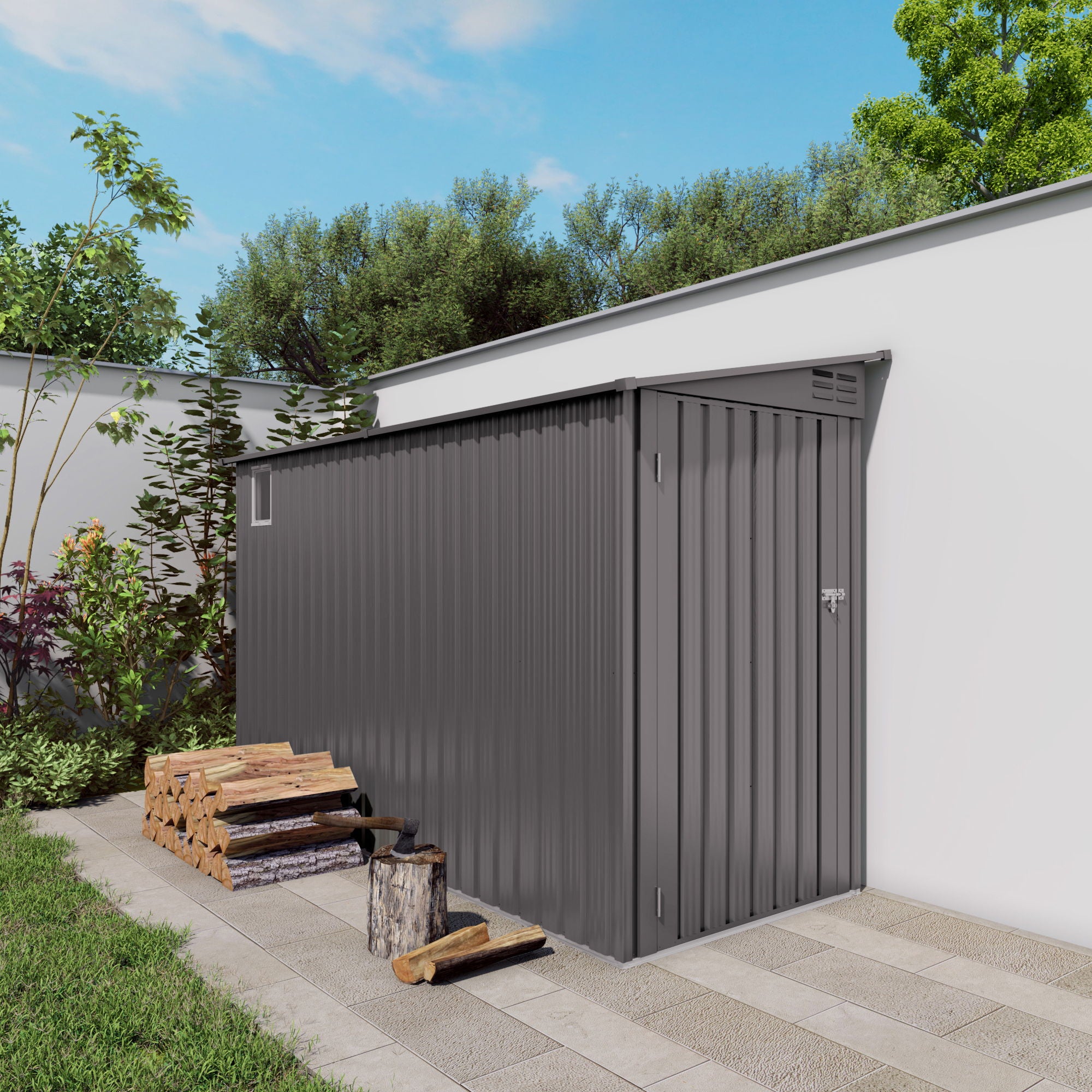 Lean To Shed With Windows, Tool House With Sloping Roof With 2 Vents And 1 Side Open Door For Backyard - Gray