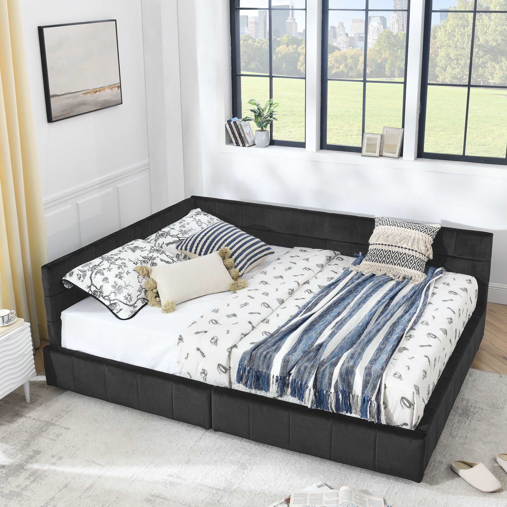 Storage Elegant Upholstered Tufted Bed Frame With Backrest And Armrests