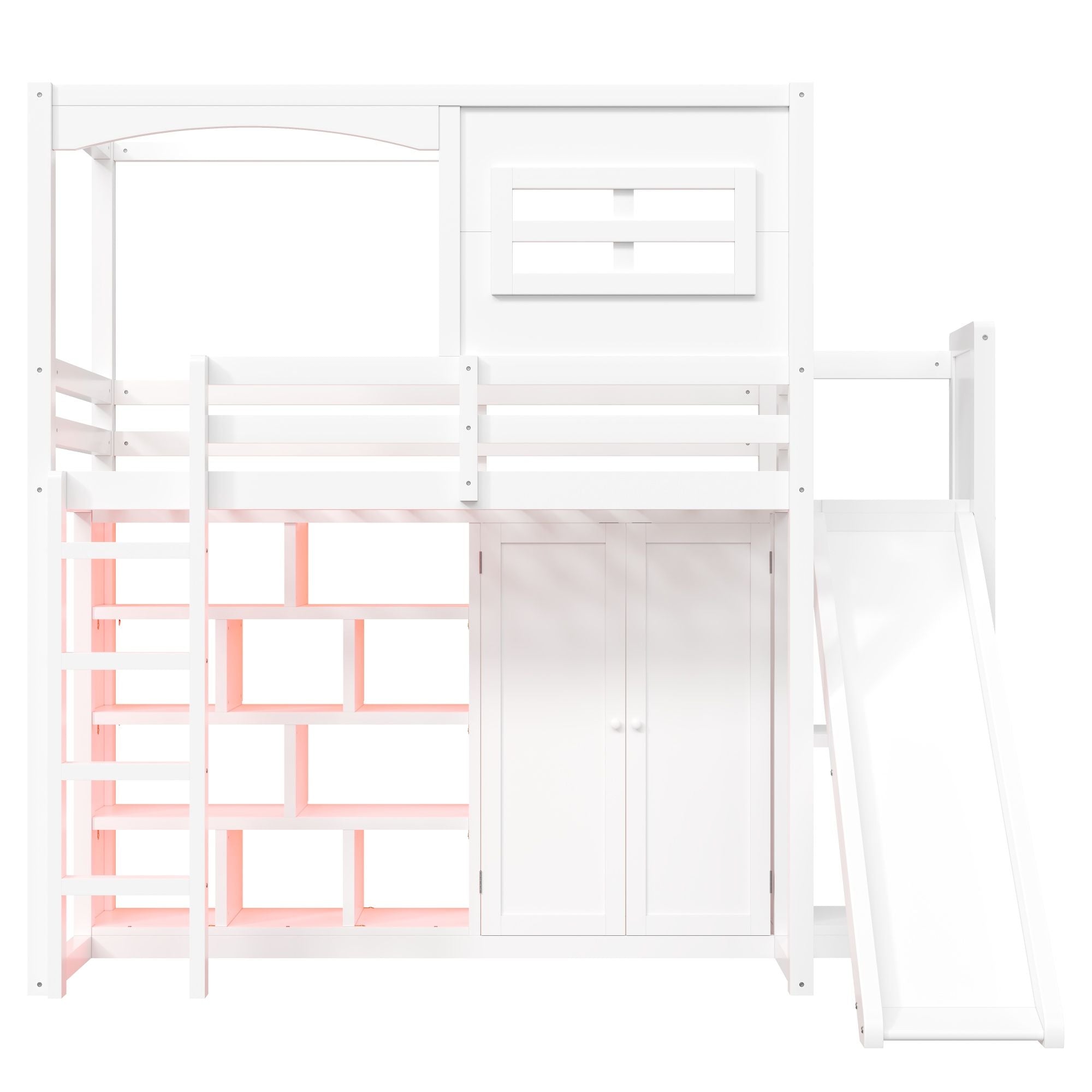 Twin Size Loft Bed With Wardrobe, Storage Shelves, Slide And LED - White