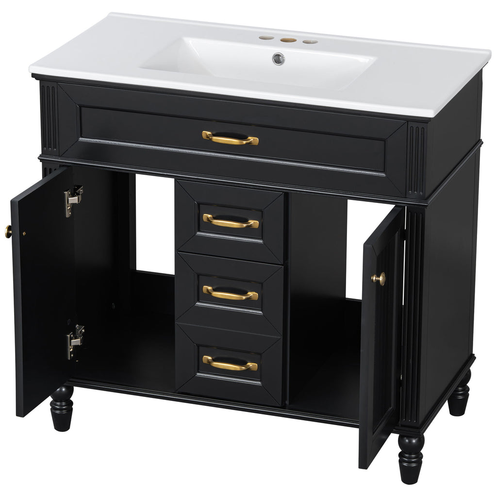 Bathroom Vanity With Sink, Flip-Out Top Drawer, Soft Close Doors, 2 Storage Drawers