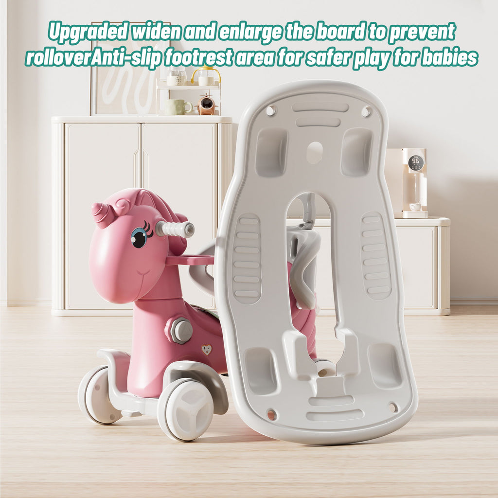Unicorn Rocking Horse For Toddlers, Ride On Toy With Push Handle And Balance Board - Pink
