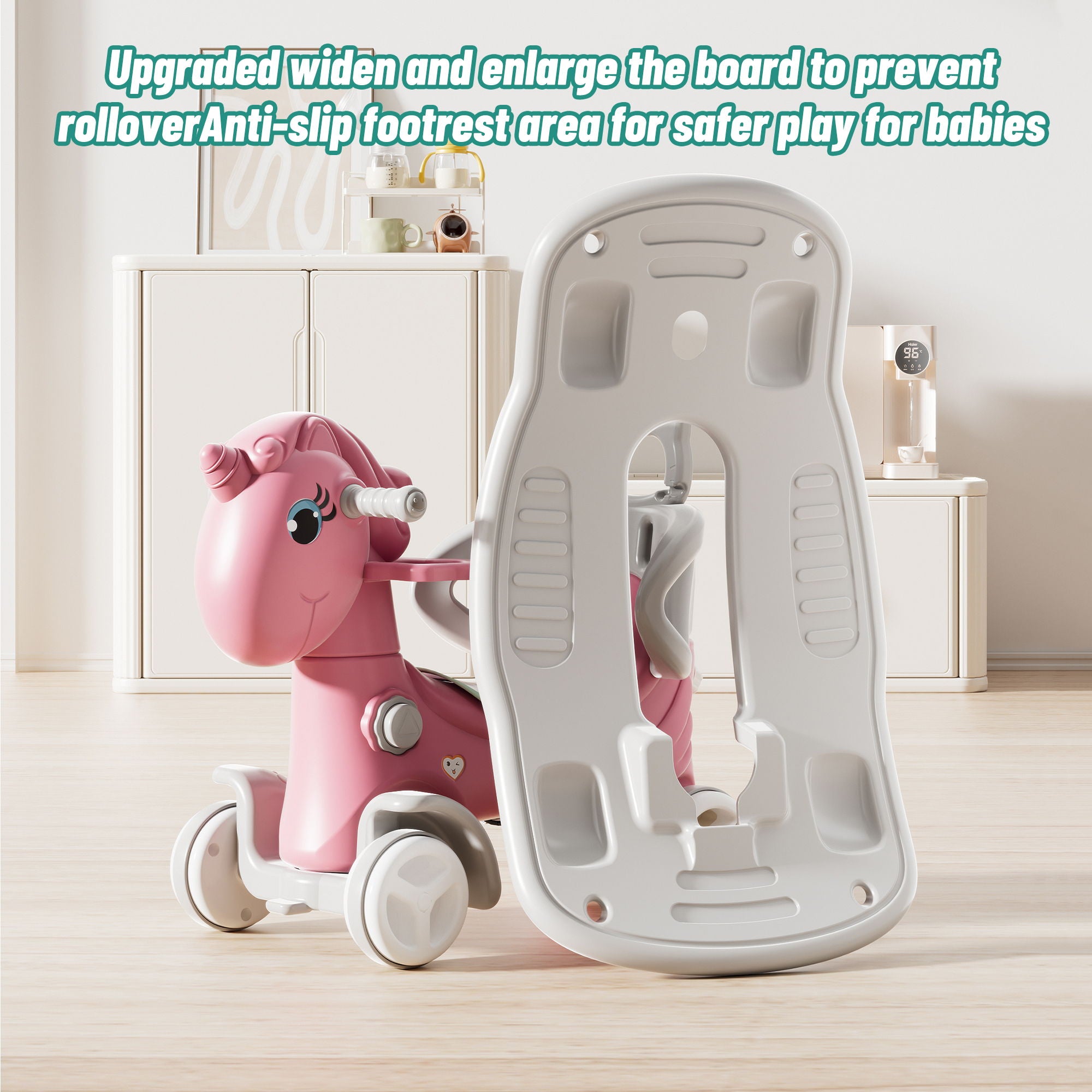 Unicorn Rocking Horse For Toddlers, Ride On Toy With Push Handle And Balance Board - Pink