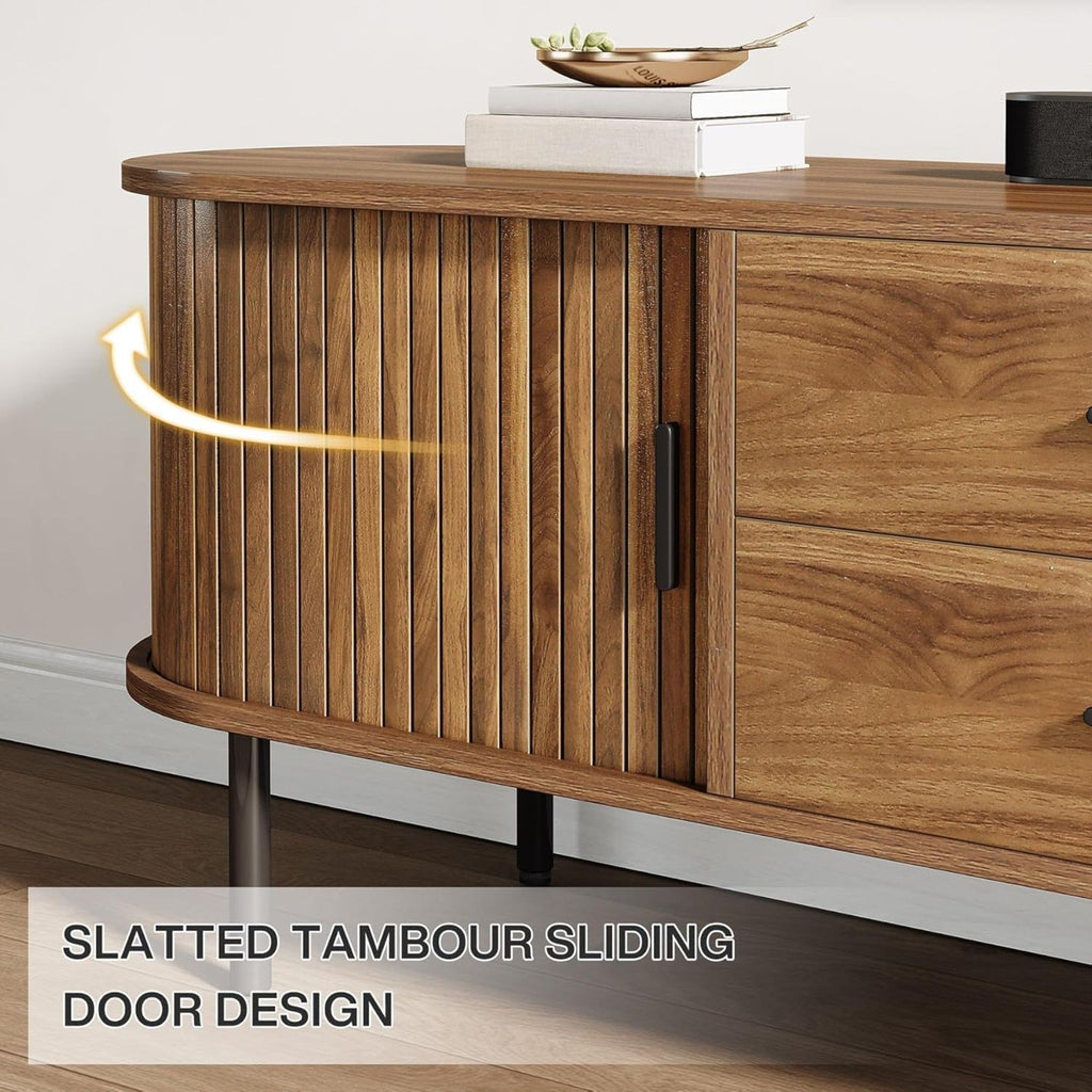 Fluted TV Stand With Tambour Sliding Doors - Walnut