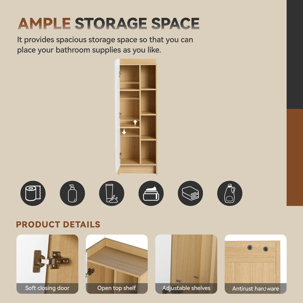 Tall Freestanding Bathroom Side Cabinet With Single Door & 4 Tier Open Shelves - Black / Light Oak / White