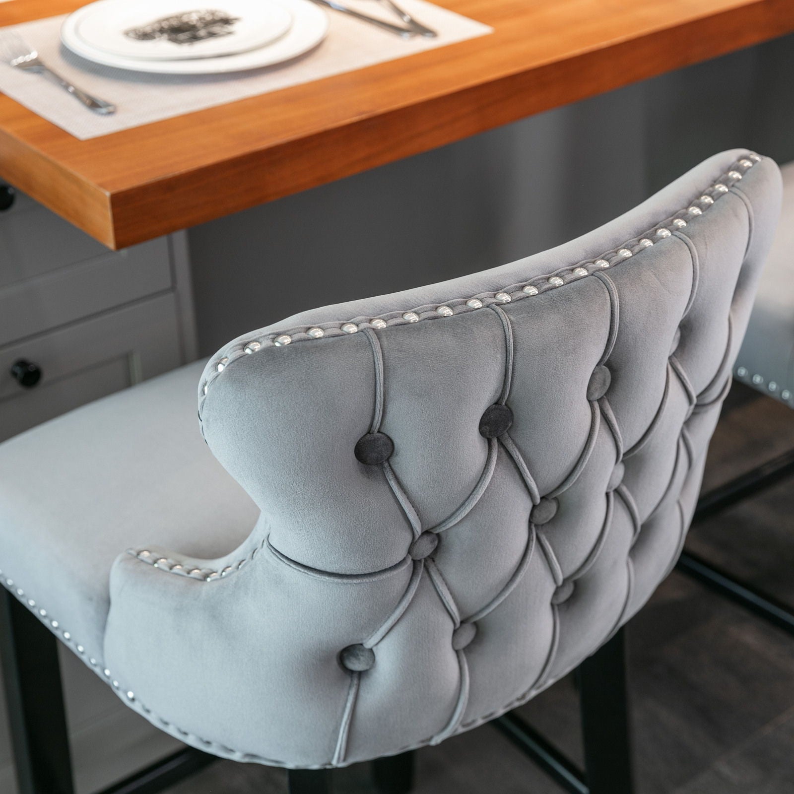 Contemporary Upholstered Wing-Back Barstools With Button Tufted Decoration And Wooden Legs, And Nailhead Trim, Leisure Style Bar Chairs, Bar Stools (Set of 2)