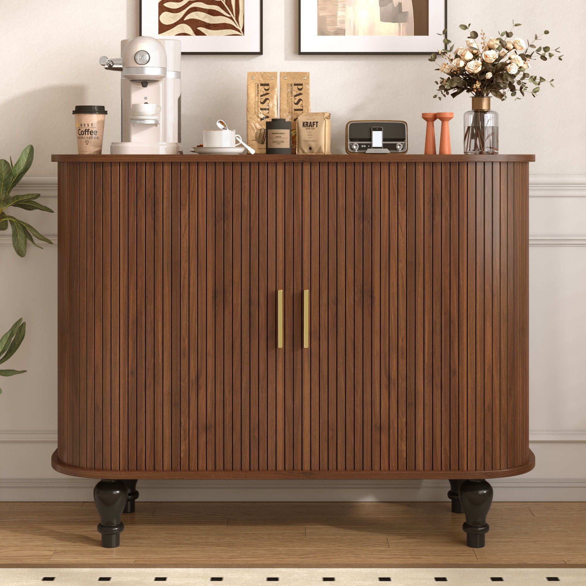 Fluted Liquor & Coffee Bar Cabinet With 6 Wine Racks And 3 Glass Holders